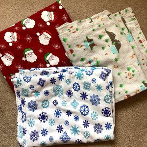 3 Christmas Flannel Twin Size Flat Sheets Bed Linens Quilting Sewing Material